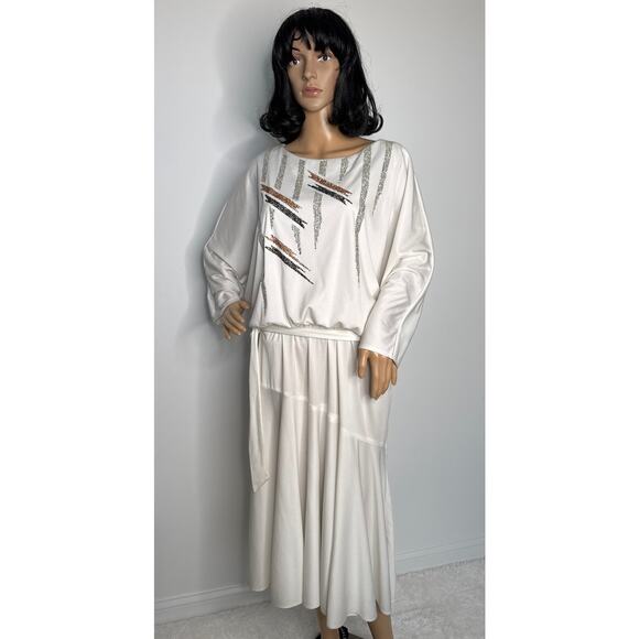 Vintage 1980s Riccardo White Batwing Dress Sequin Geometric Design medium - Picture 14 of 16